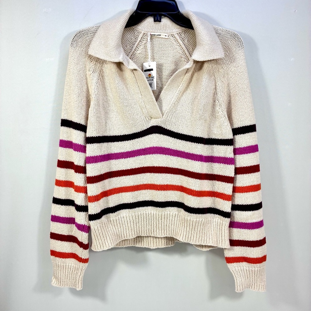 Marine Layer Claire Relaxed Sweater Polo Merino Wool Cotton L Warm Stripe NWT - Picture 5 of 16